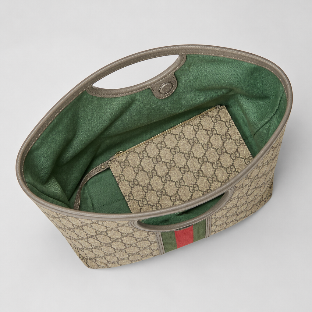 Geometric Checker Tote Bag — Green/Gray — interior green