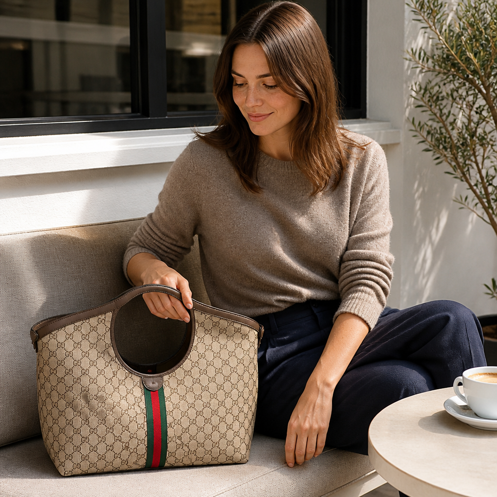 Geometric Checker Tote Bag — Beige/Black — model a lifestyle