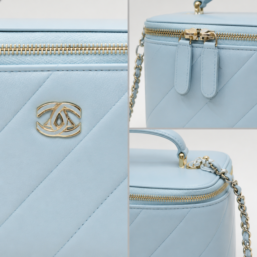 Quilted Vanity Case Crossbody — detail collage — Light Blue 18 cm — Top Handle