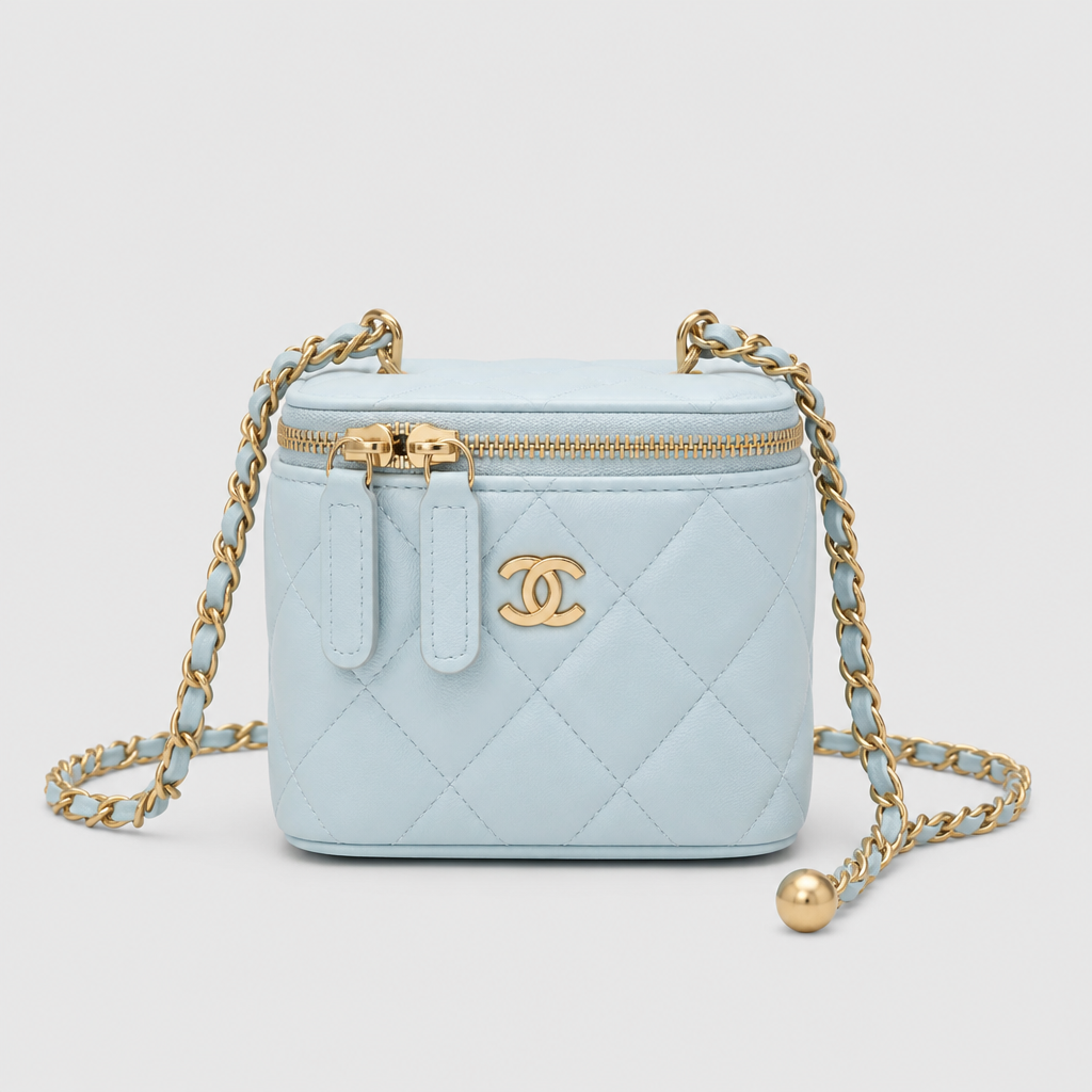 Quilted Vanity Case Crossbody — front 06 — Light Blue 11 cm — Chain Strap Only