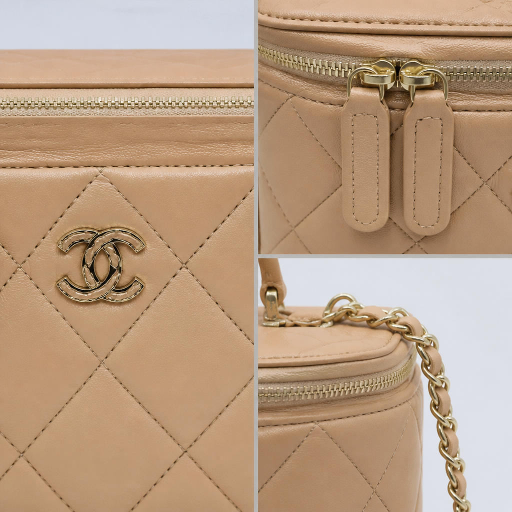 Quilted Leather Vanity Crossbody — detail collage — Apricot 18 cm — Top Handle