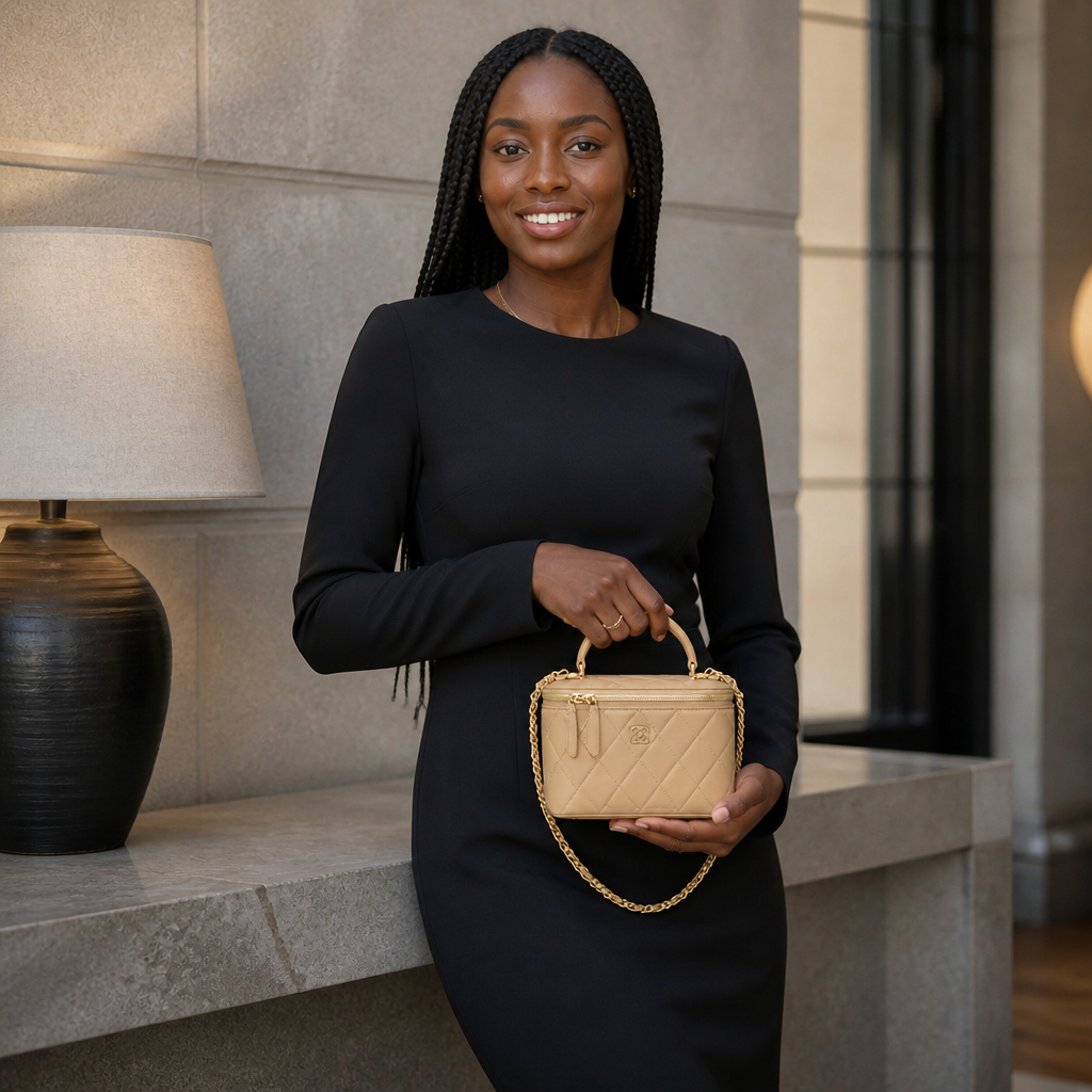 Quilted Leather Vanity Crossbody — model b editorial — Apricot 18 cm — Top Handle