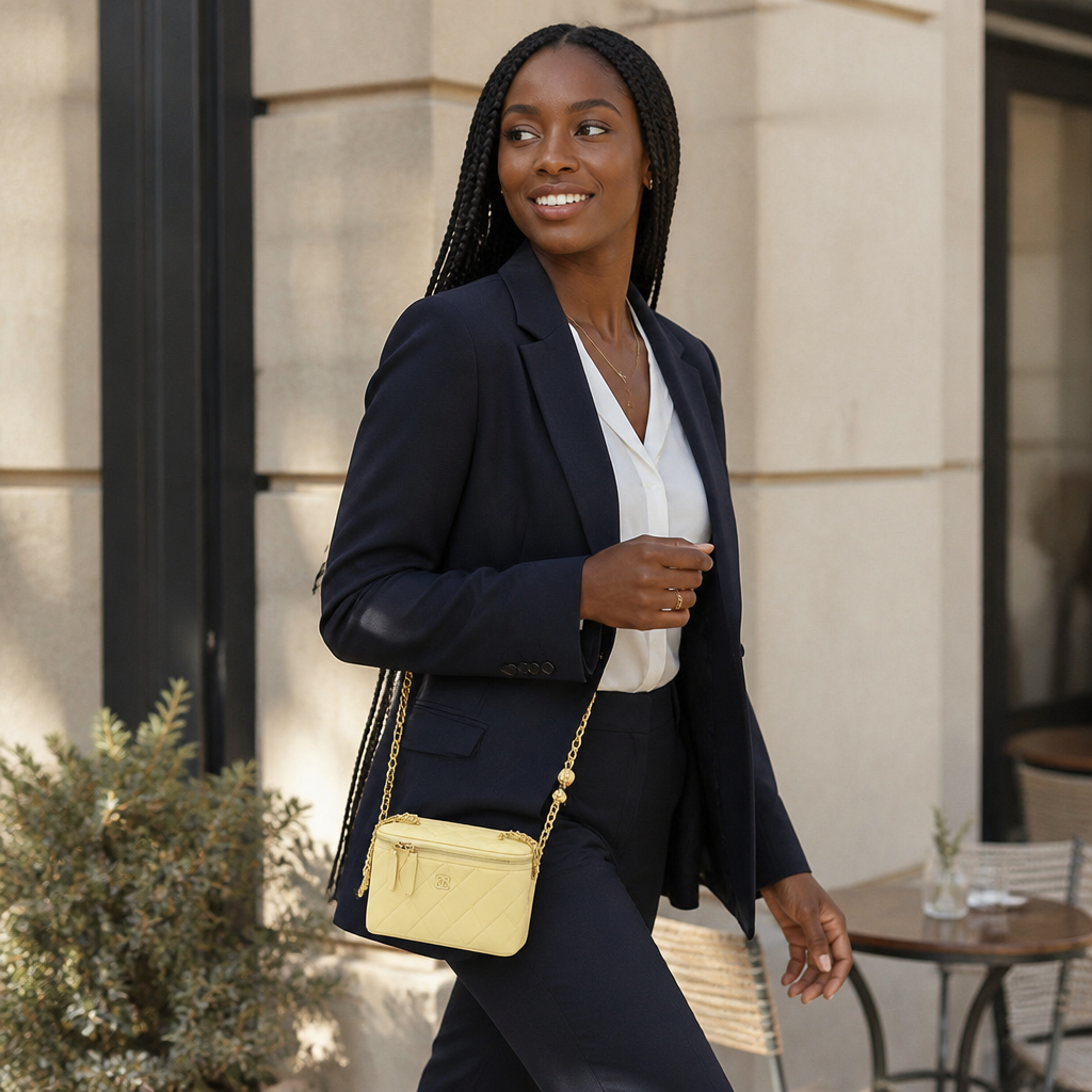 Quilted Leather Vanity Crossbody — model b lifestyle — Yellow 18 cm — Chain Strap Only