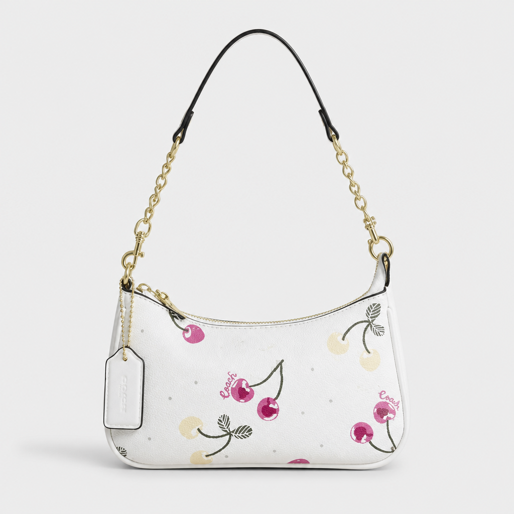 JT Sunday SOP Oct13 | Women's Fashion Chain Underarm Shoulder Bag | front-008 | White Pink Cherry Print