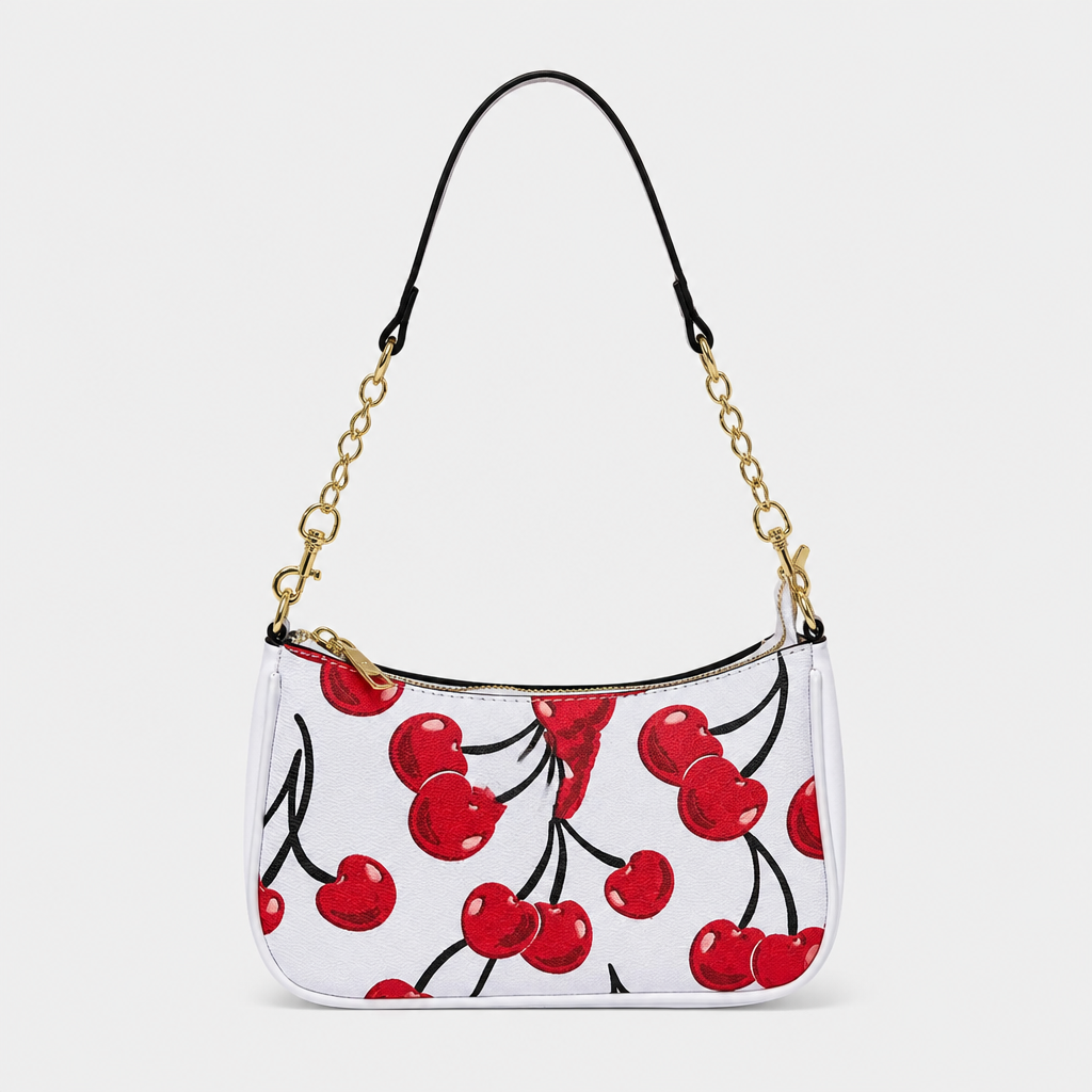 JT Sunday SOP Oct13 | Women's Fashion Chain Underarm Shoulder Bag | front-011 | White Red Cherry Print