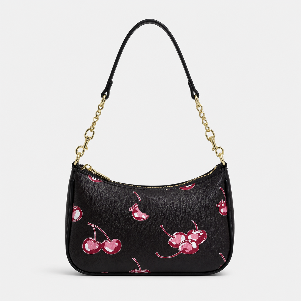 JT Sunday SOP Oct13 | Women's Fashion Chain Underarm Shoulder Bag | front-012 | Black Pink Cherry Print
