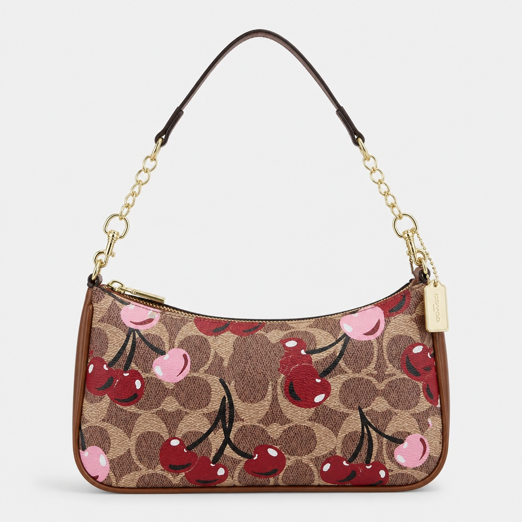 JT Sunday SOP Oct13 | Women's Fashion Chain Underarm Shoulder Bag | front-013 | Brown Pink Cherry Print