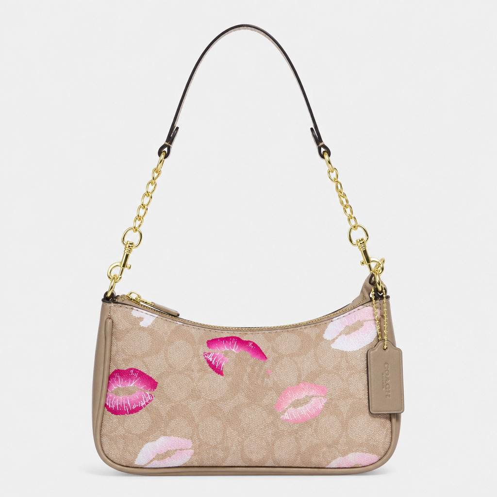 JT Sunday SOP Oct13 | Women's Fashion Chain Underarm Shoulder Bag | front-015 | Beige Pink Lips Print