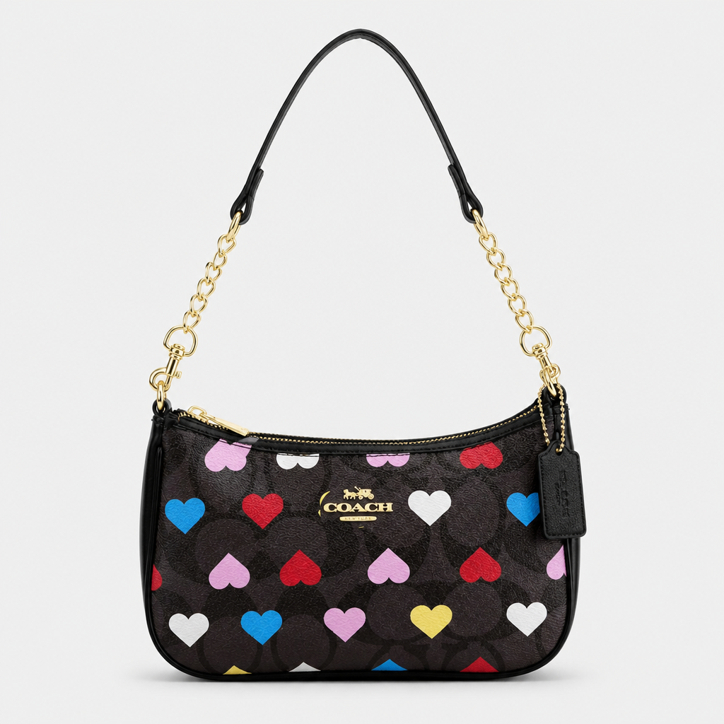 JT Sunday SOP Oct13 | Women's Fashion Chain Underarm Shoulder Bag | front-018 | Black Multicolor Heart Print
