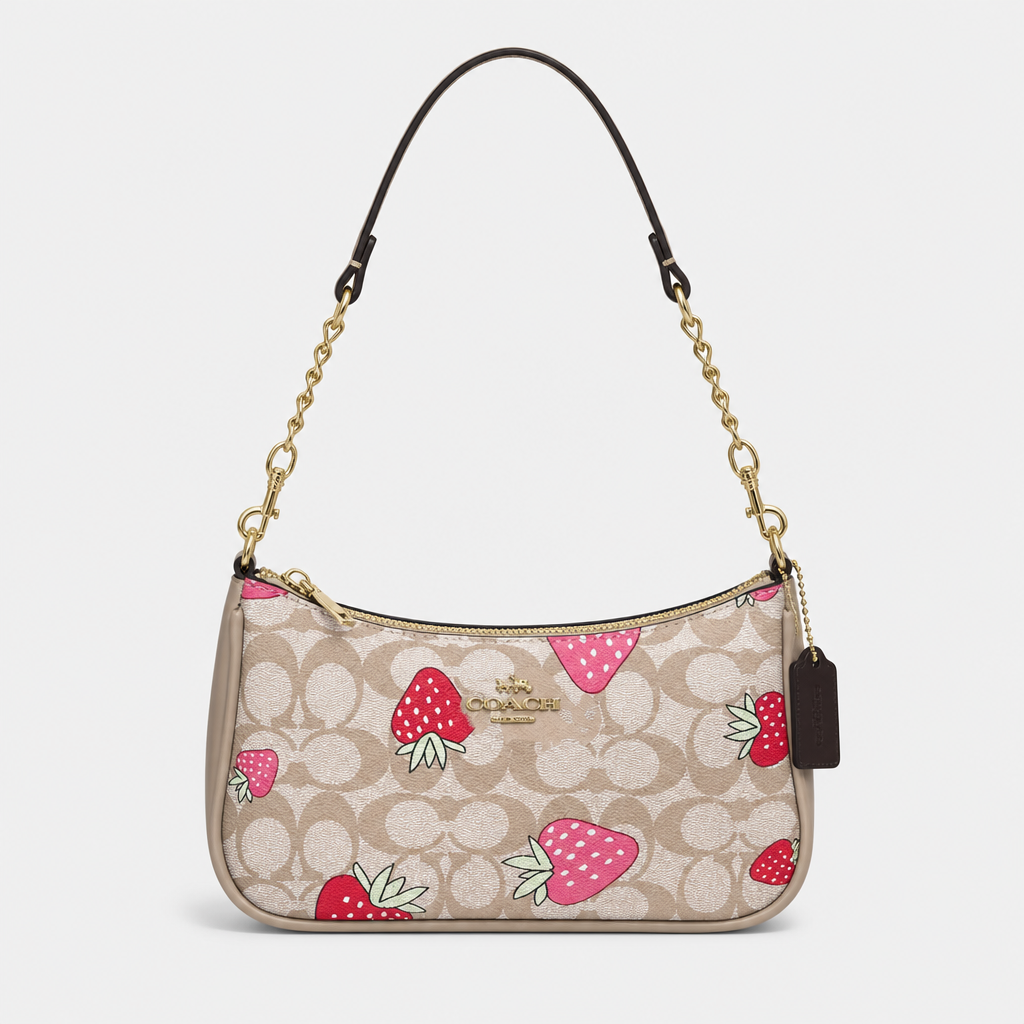 JT Sunday SOP Oct13 | Women's Fashion Chain Underarm Shoulder Bag | front-020 | Beige Strawberry Print