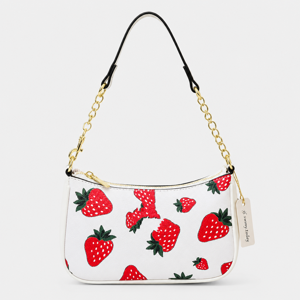 JT Sunday SOP Oct13 | Women's Fashion Chain Underarm Shoulder Bag | front-021 | White Strawberry Print