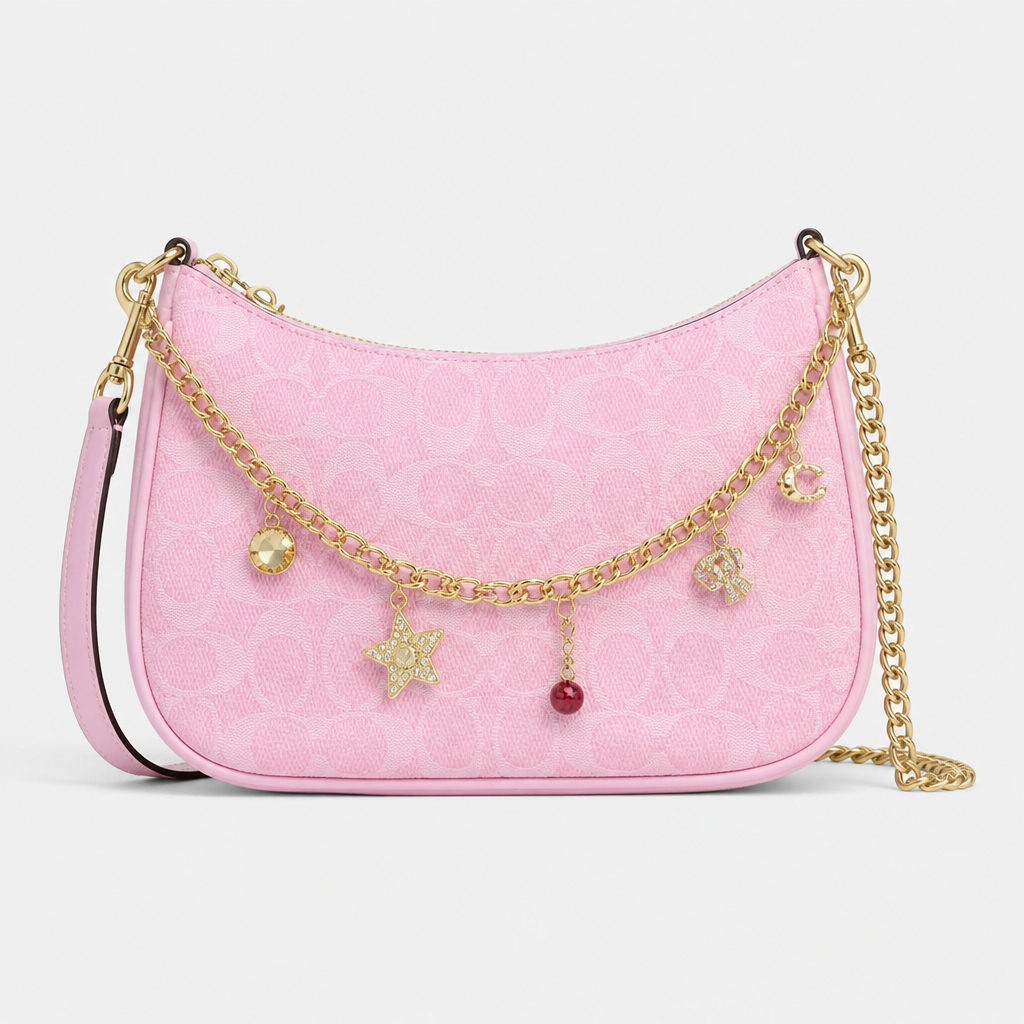 JT Sunday SOP Oct13 | Women's Letter Print Crescent Crossbody Shoulder Bag | front-004 | Pink Small C Print