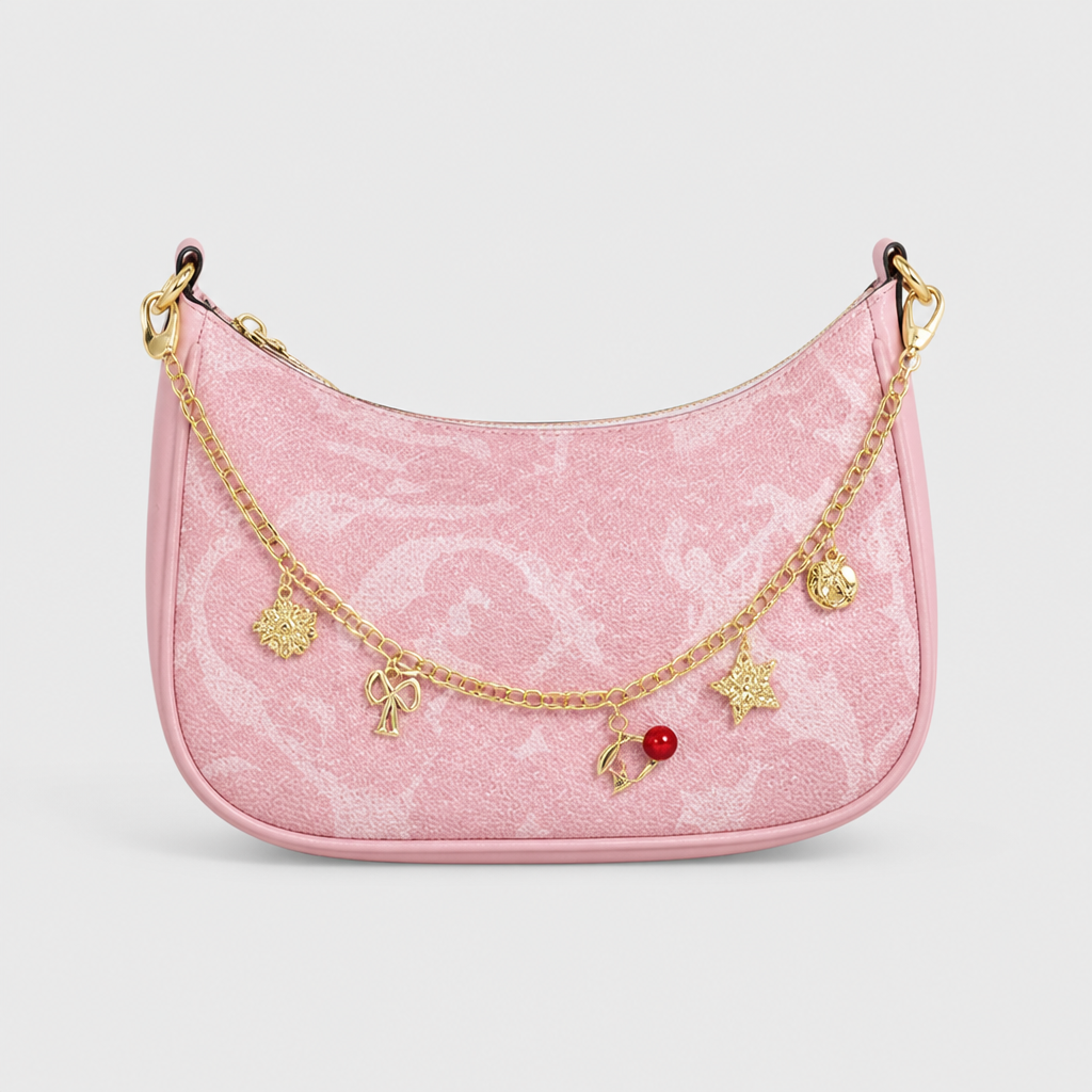 JT Sunday SOP Oct13 | Women's Letter Print Crescent Crossbody Shoulder Bag | front-010 | Pink Large C Print