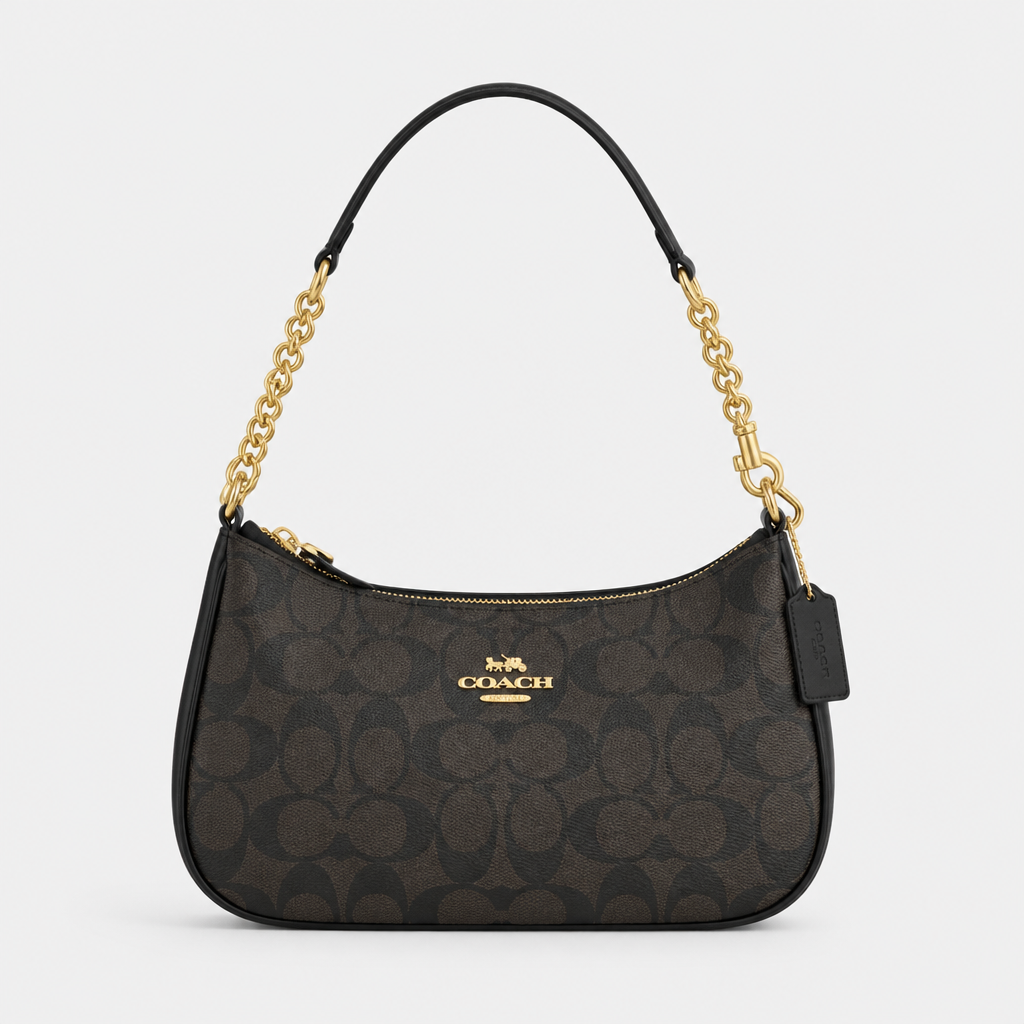 JT Sunday SOP Oct13 | Women's Teri Classic Chain Underarm Shoulder Bag | front-006 | Dark Brown Circle Print