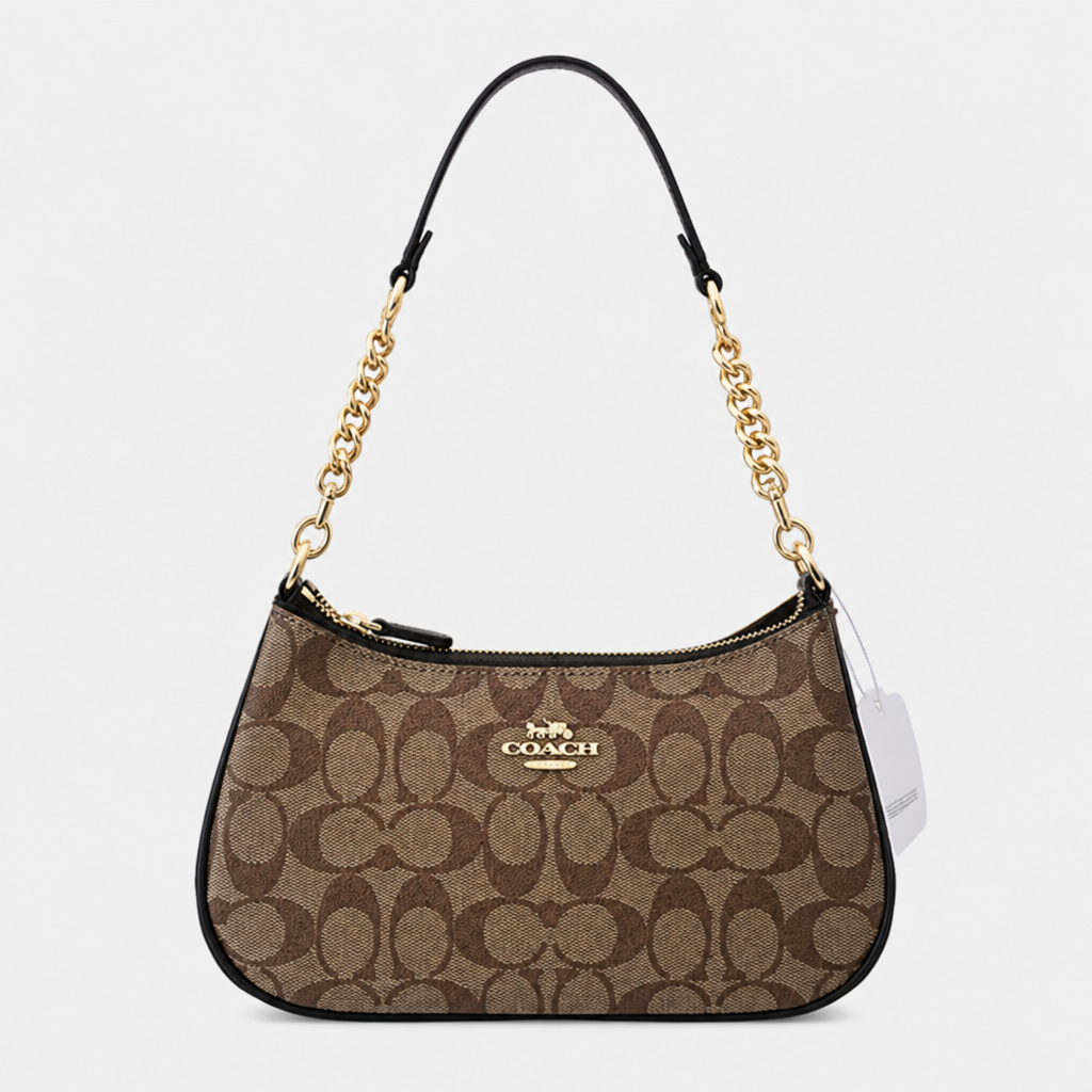 JT Sunday SOP Oct13 | Women's Teri Classic Chain Underarm Shoulder Bag | front-014 | Brown Circle Print