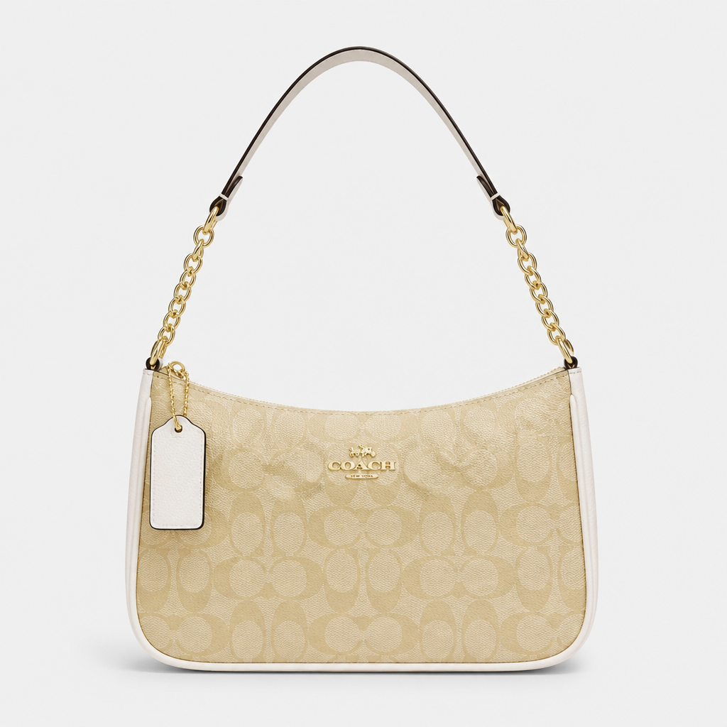 JT Sunday SOP Oct13 | Women's Teri Classic Chain Underarm Shoulder Bag | front-019 | Khaki & Ivory Circle Print