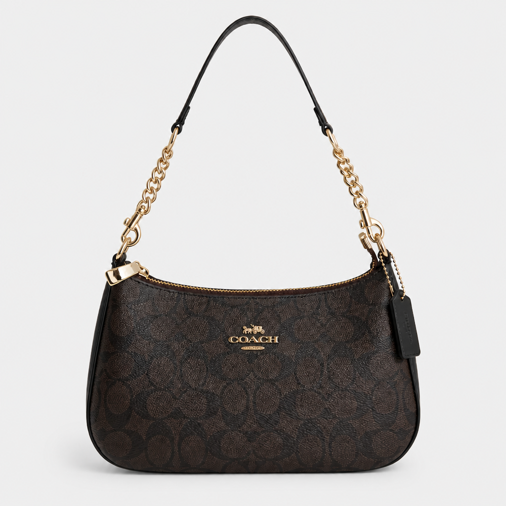 JT Sunday SOP Oct13 | Women's Teri Classic Chain Underarm Shoulder Bag | front-022 | Very Dark Brown Circle Print | Logo corrected Oct13