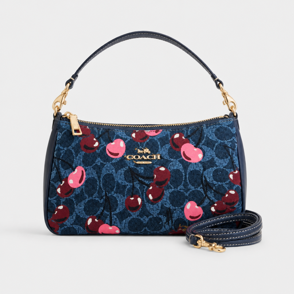 JT Sunday SOP Oct13 | Women's Teri Classic Chain Underarm Shoulder Bag | front-023 | Navy Cherry Print | Logo corrected Oct13