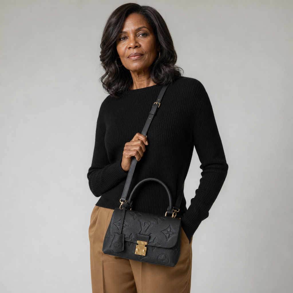 Embossed Monogram Top Handle Bag — editorial carried