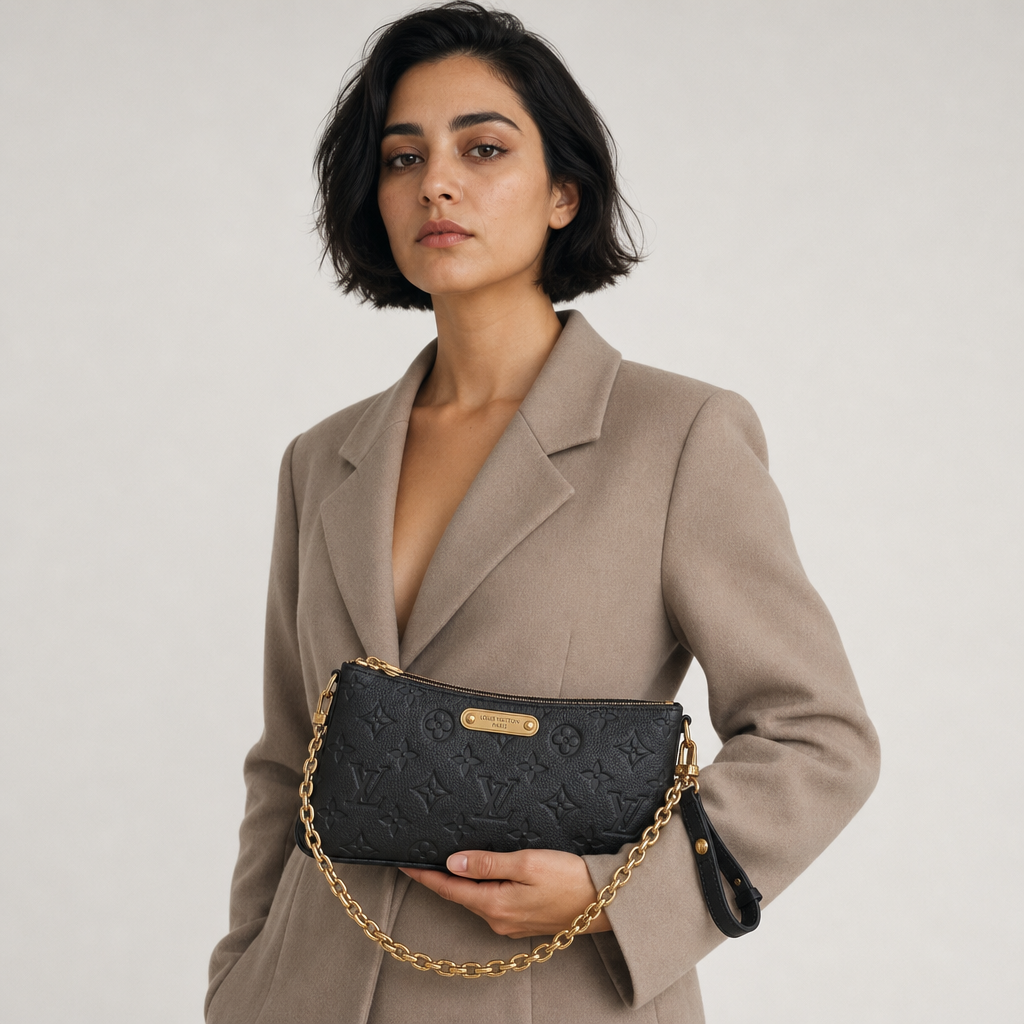 Embossed Monogram Chain Wristlet — editorial carried