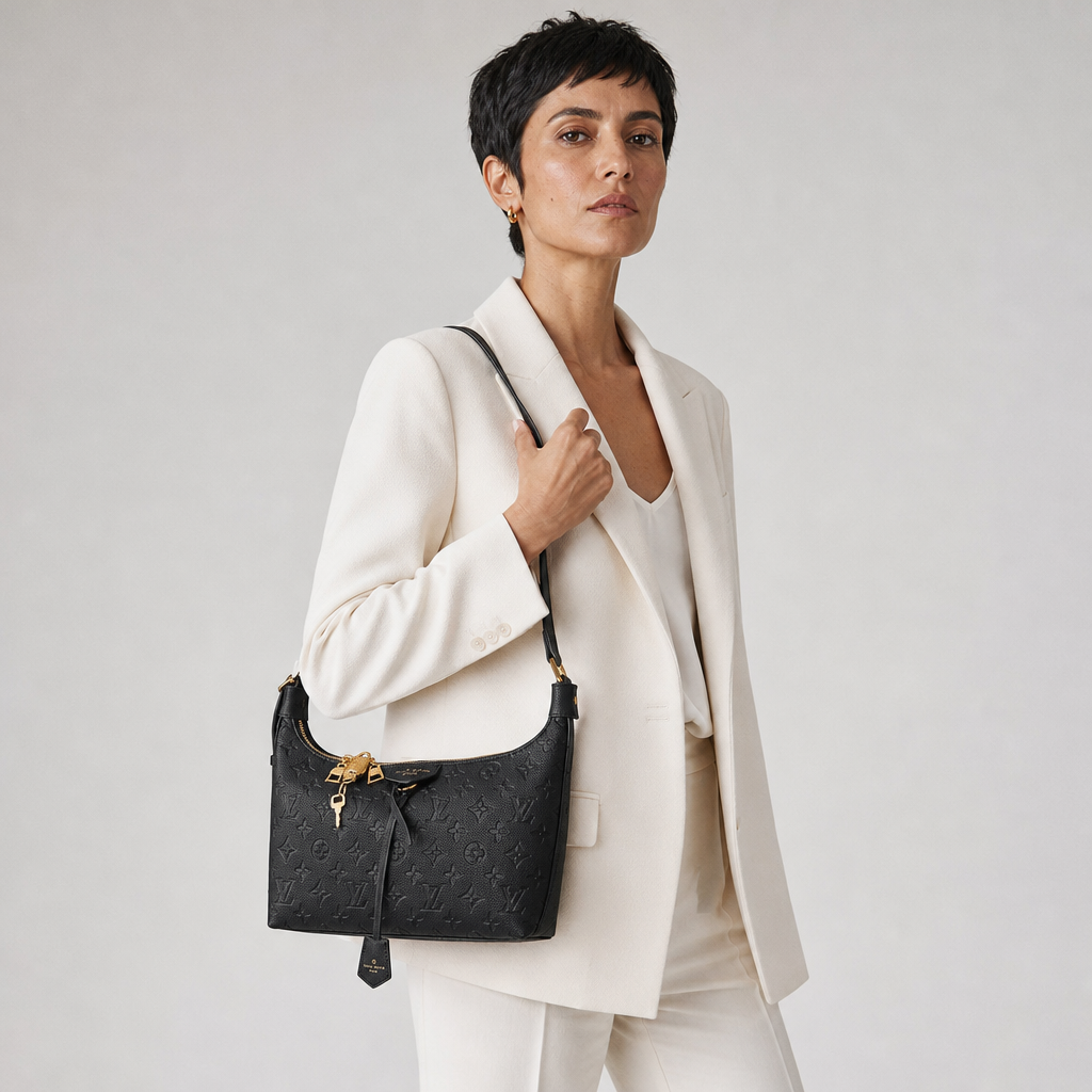 Monogram Shoulder Bag & Pouch Set — editorial carried