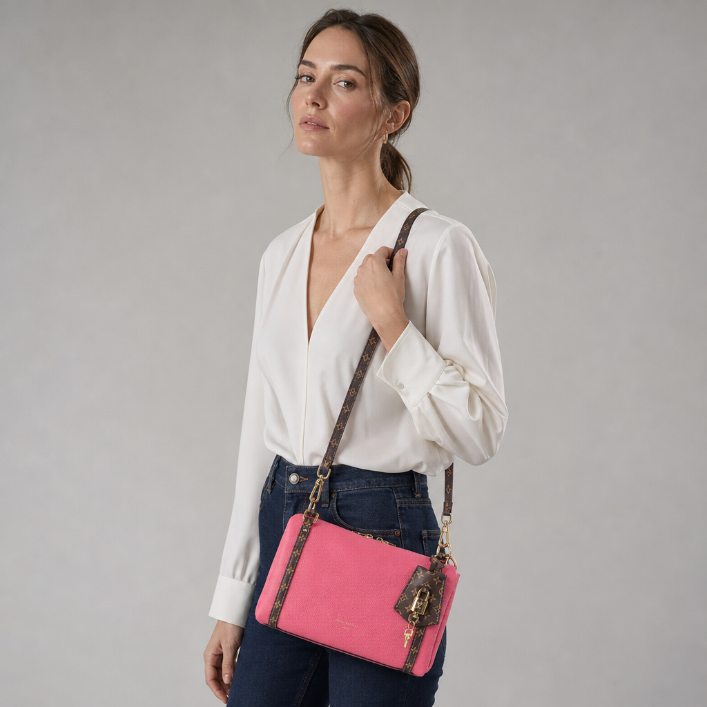 Pink Zip Pouch with Monogram Trim — editorial carried