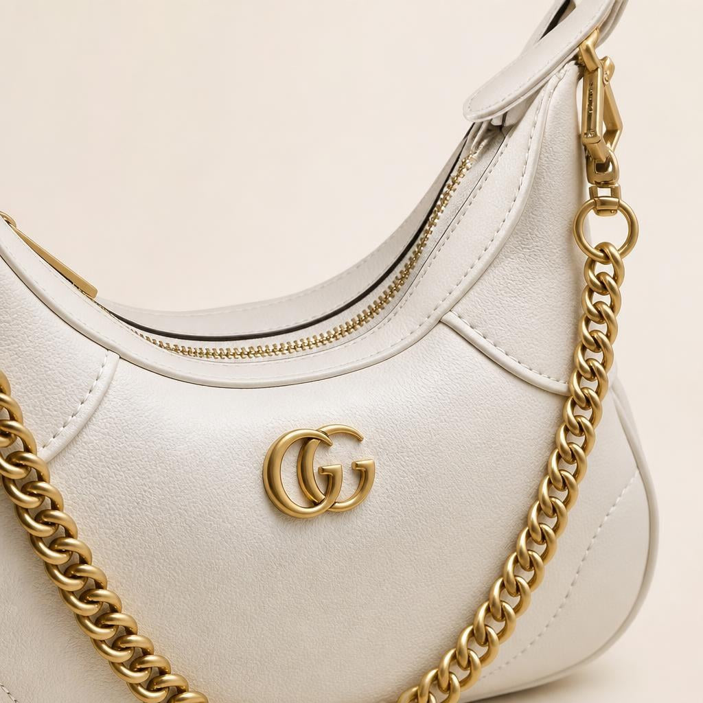 Luxury detail — White — Crescent Leather Shoulder Bag with Gold-Tone Chain
