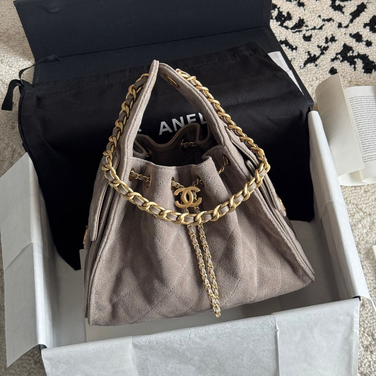 Quilted Bucket Bag — Metallic & Earth