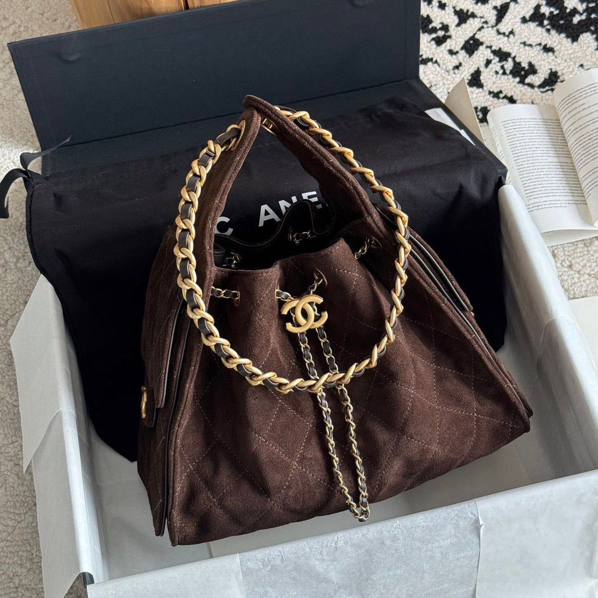 Quilted Bucket Bag — Metallic & Earth