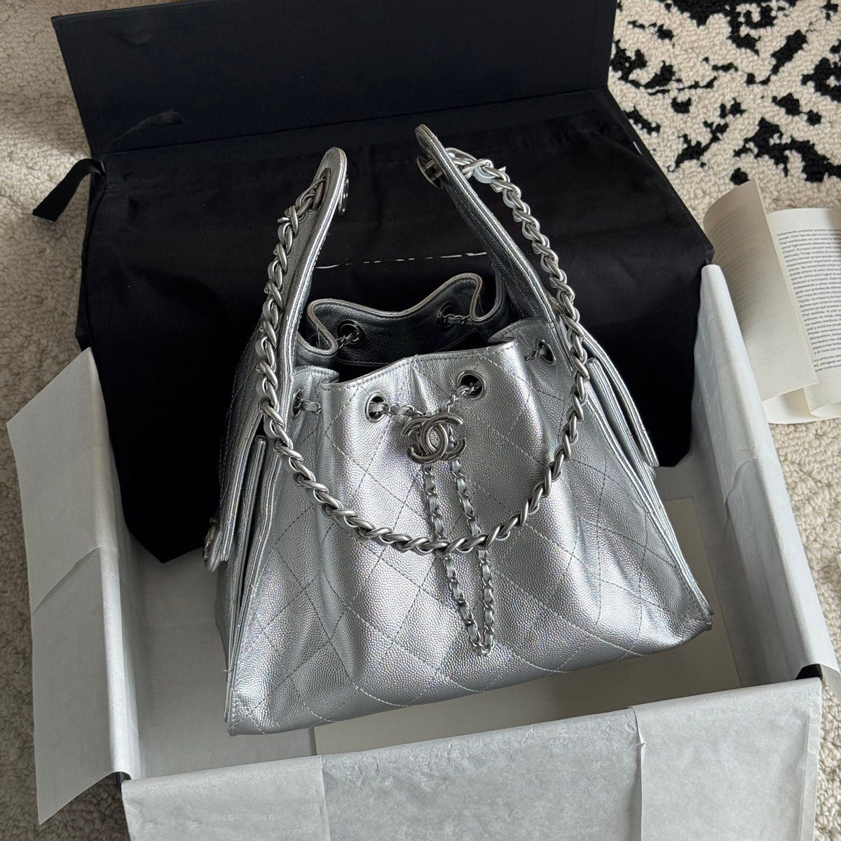 Quilted Bucket Bag — Metallic & Earth
