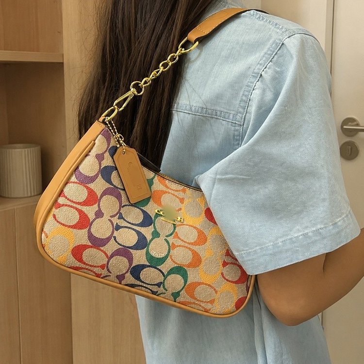 Koujiayin Crescent Flower Underarm Bag Patchwork Shoulder Strap Chain Women's Bag Crossbody Baguette Crescent Bag Vintage Print
