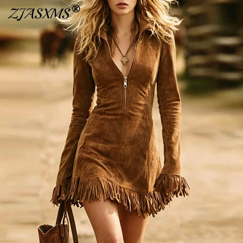 Fringed Zip-Front Mini Dress