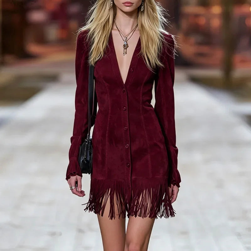 Velvet-Like Fringed Mini Dress