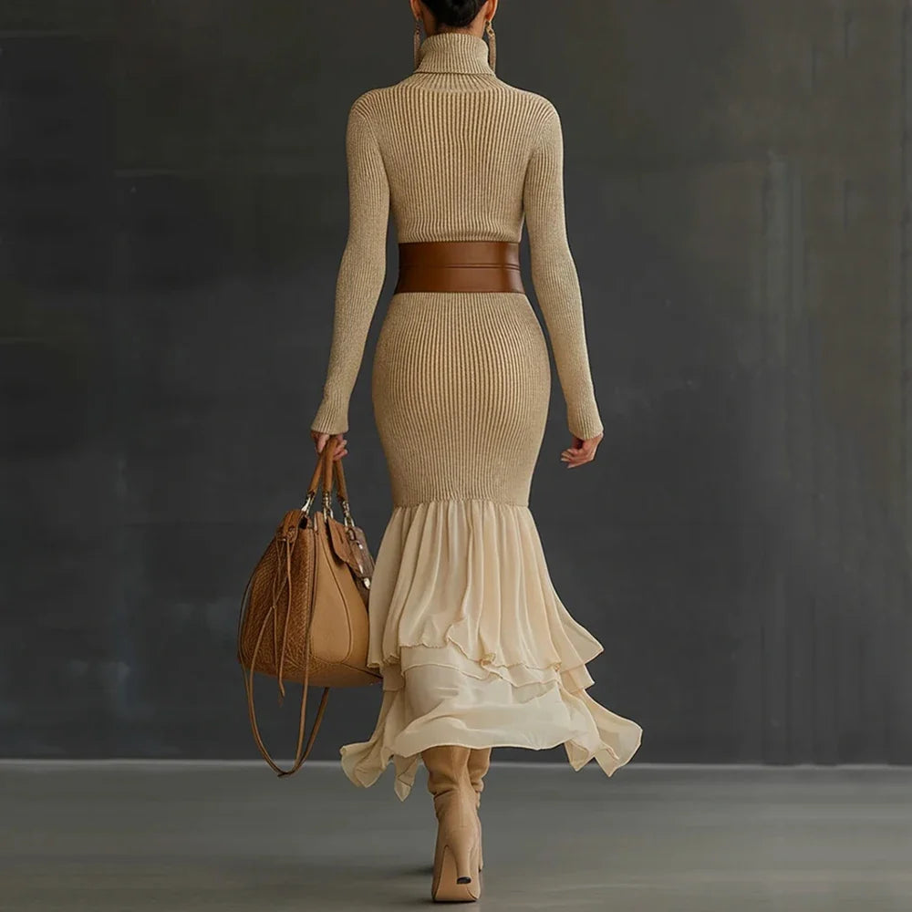 Ribbed Turtleneck Ruffle Dress