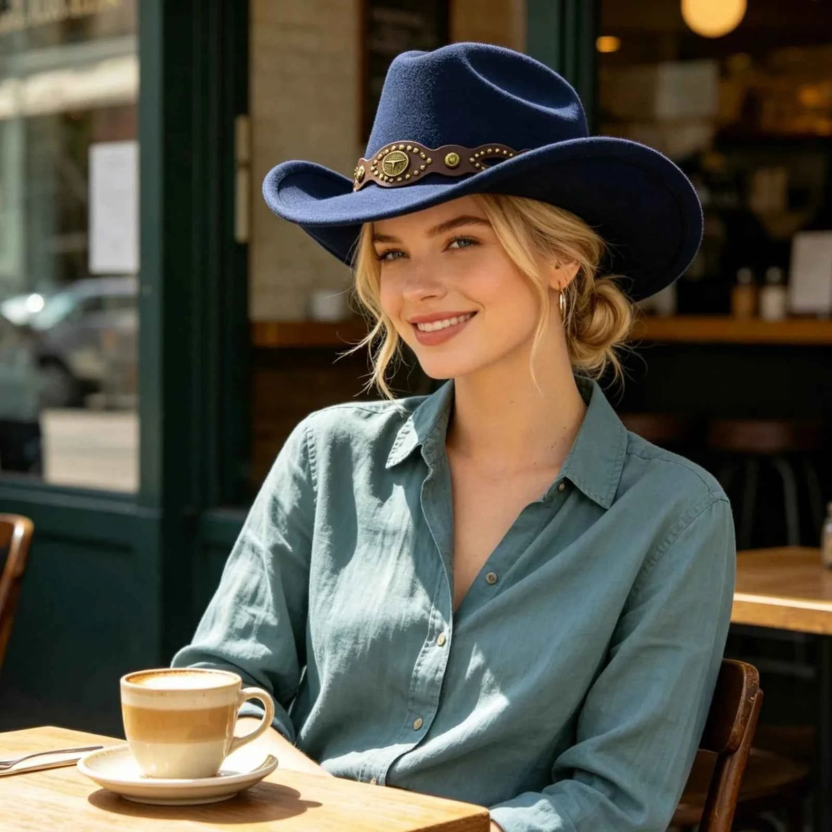 Western Cowgirl Fedora Hat with Bull Head Belt