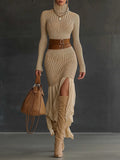 Ribbed Turtleneck Ruffle Dress