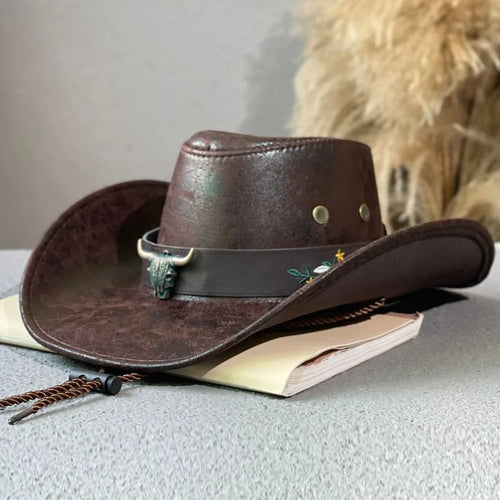 Embroidered Faux Leather Cowboy Hat