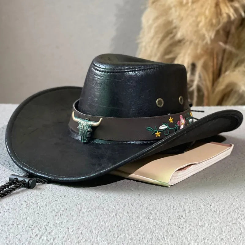 Embroidered Faux Leather Cowboy Hat