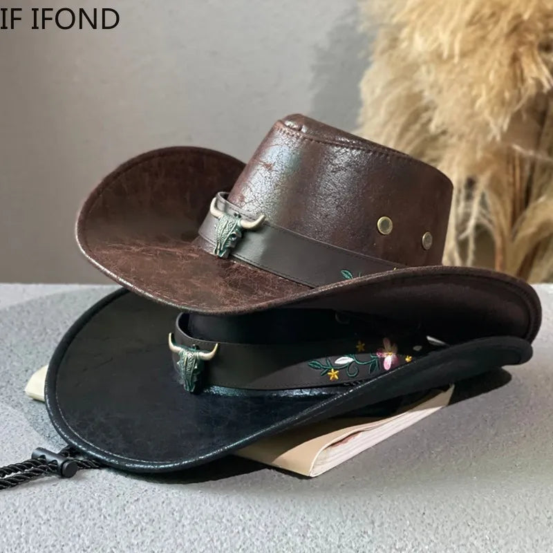 Embroidered Faux Leather Cowboy Hat
