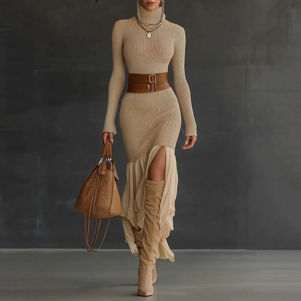 Ribbed Turtleneck Ruffle Dress