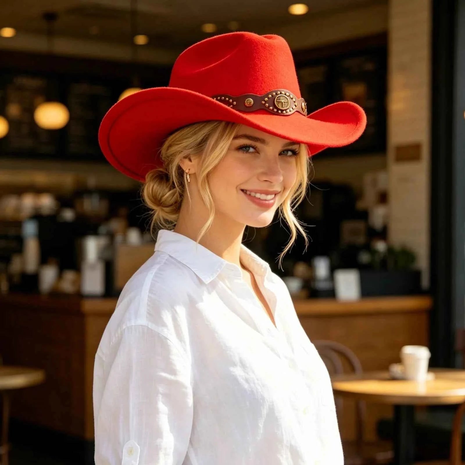 Western Cowgirl Fedora Hat with Bull Head Belt