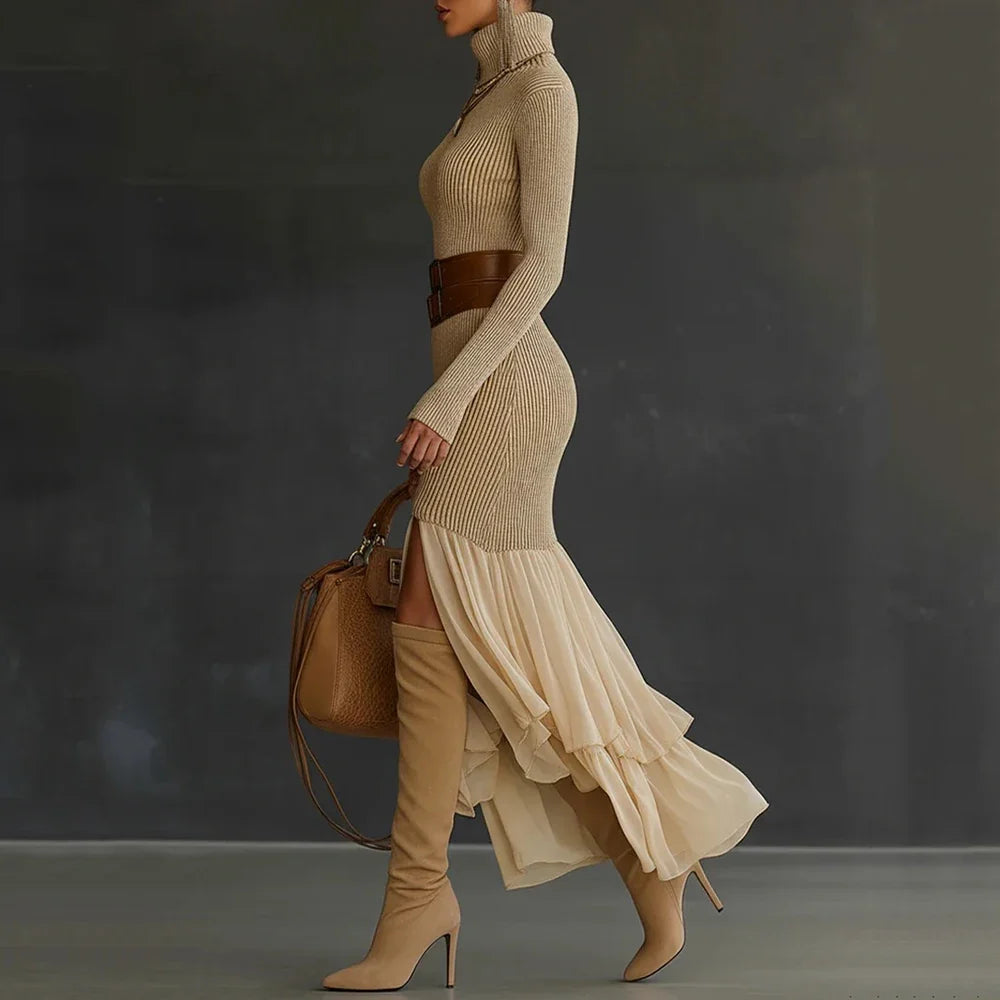 Ribbed Turtleneck Ruffle Dress