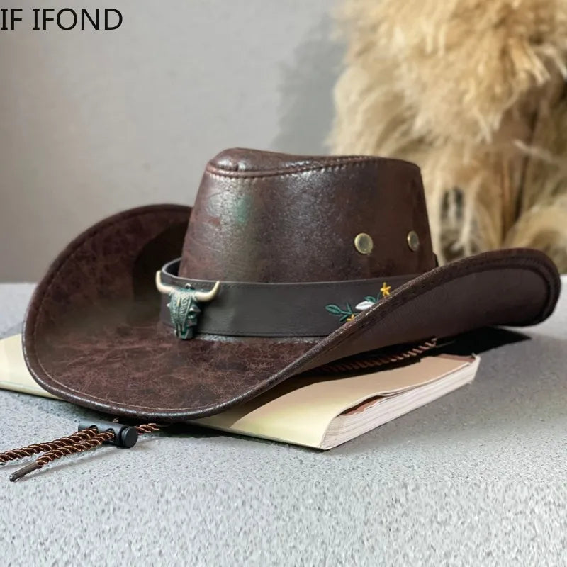 Embroidered Faux Leather Cowboy Hat