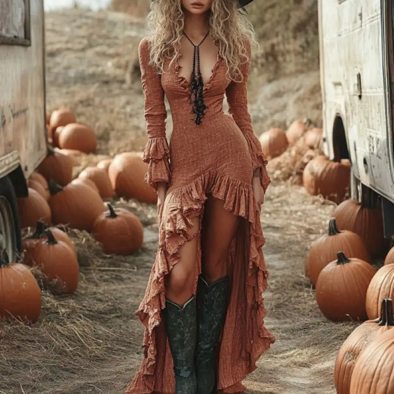Ruffled High-Low Midi Dress