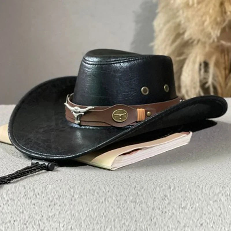 Embroidered Faux Leather Cowboy Hat
