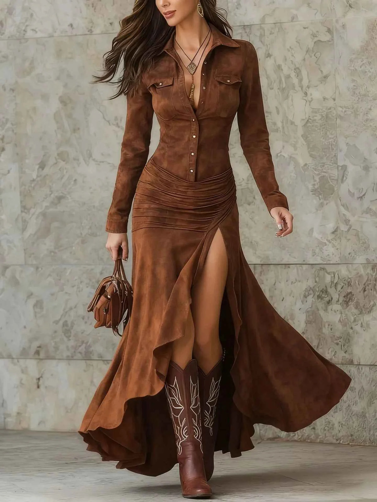 Fitted Stand Collar Zip-Slit Long Dress