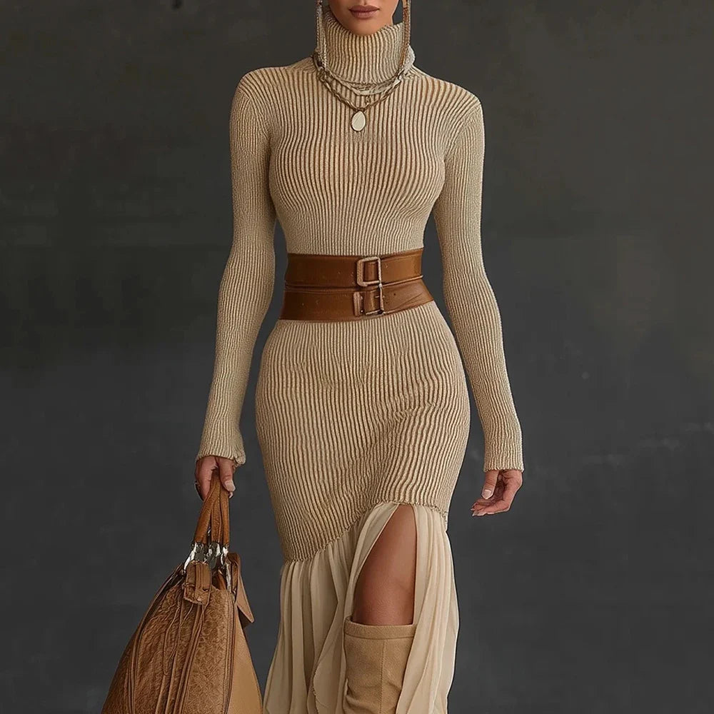 Ribbed Turtleneck Ruffle Dress