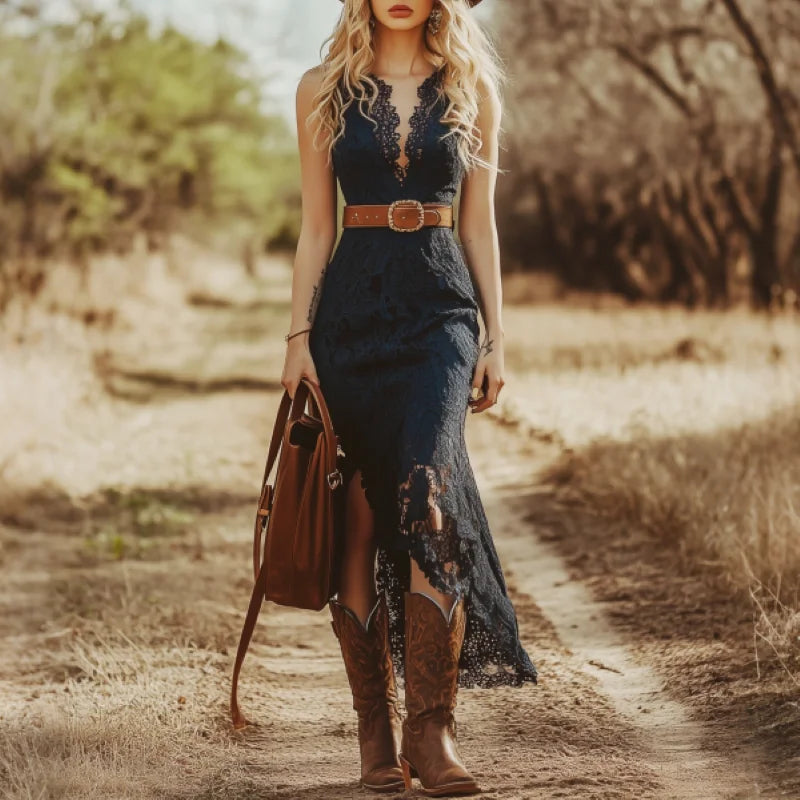 Asymmetrical Lace Midi Dress