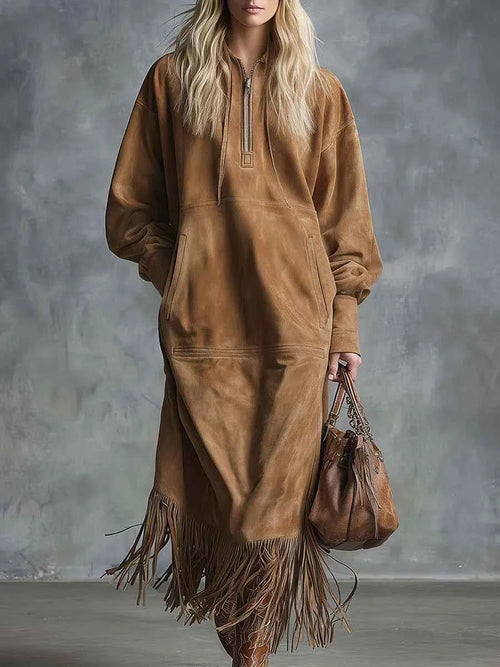 Fringe Hem Suede Midi Dress