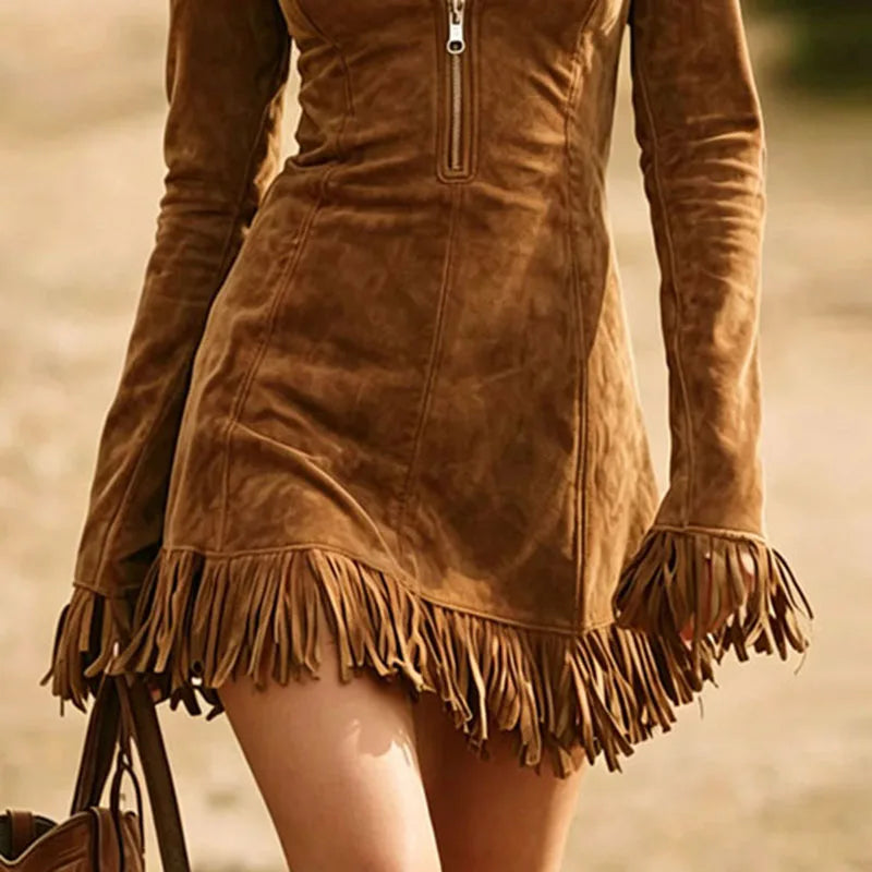 Fringed Zip-Front Mini Dress